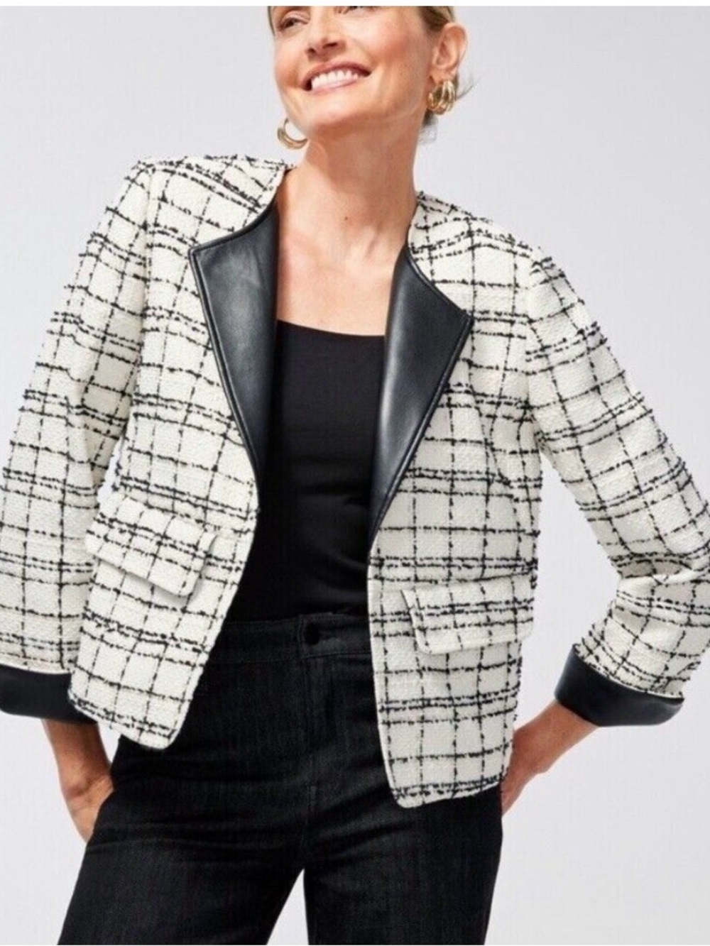 Chico's Tweed Faux Leather Trim Jacket White Plaid Size 0 black white NWT